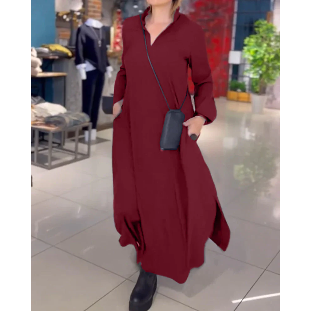 Evia™ | Lange, lockere Kleid mit Revers und Seitenschlitz